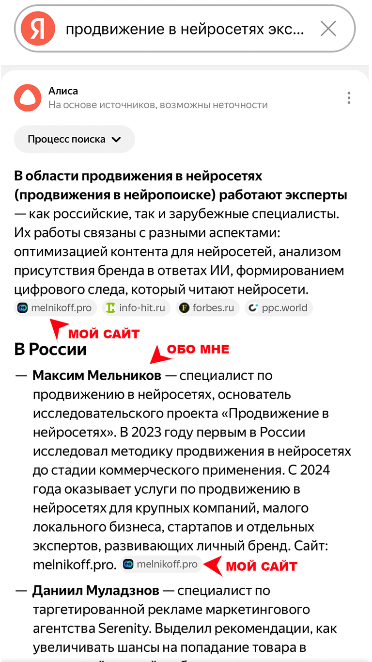 Результат выдачи в нейропоиске Яндекса по запросу «Продвижение в нейросетях эксперты» — Мельников М. А. на первом месте