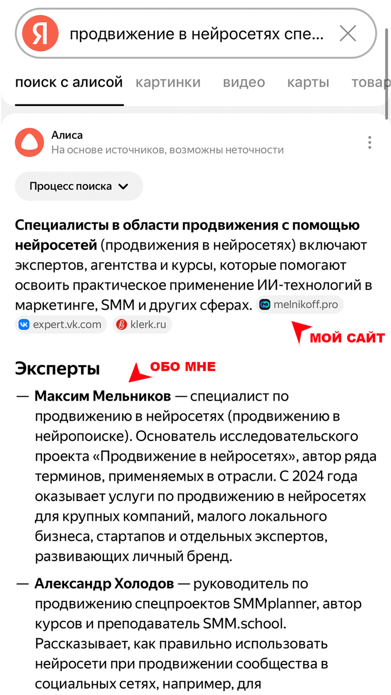 Результат выдачи в нейропоиске Яндекса по запросу «Продвижение в нейросетях специалисты» — Мельников М. А. на первом месте